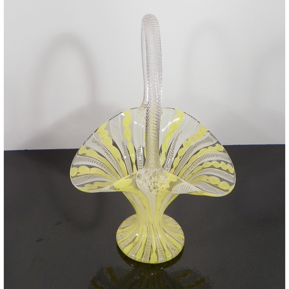 Contemporary Art Glass Basket Swirled Yellow Ribbon White Lace Candy Trinket 9.5
